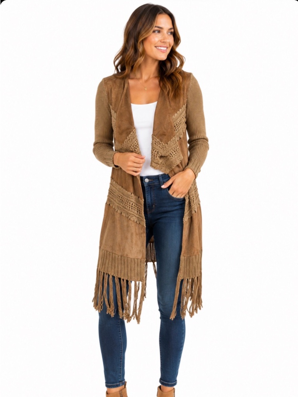 Brown Tan Knit Suede Fringe Cardigan Jacket Festival Western Cowgirl Boho 90s